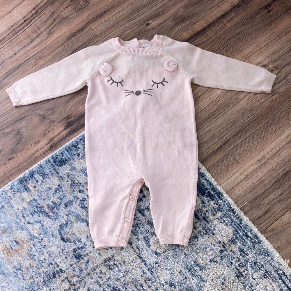 #159. Max Studio Baby - Baby Pink Knit One-Piece Romper with 🐭 Mouse Face